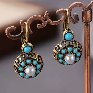 Vintage Gold Turquoise Pearl Earrings